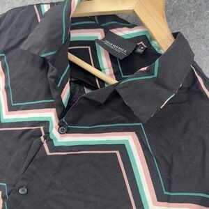 7 Diamonds Shirt Mens Medium Black Chevron Print  Geometric Camp Collar Viscose